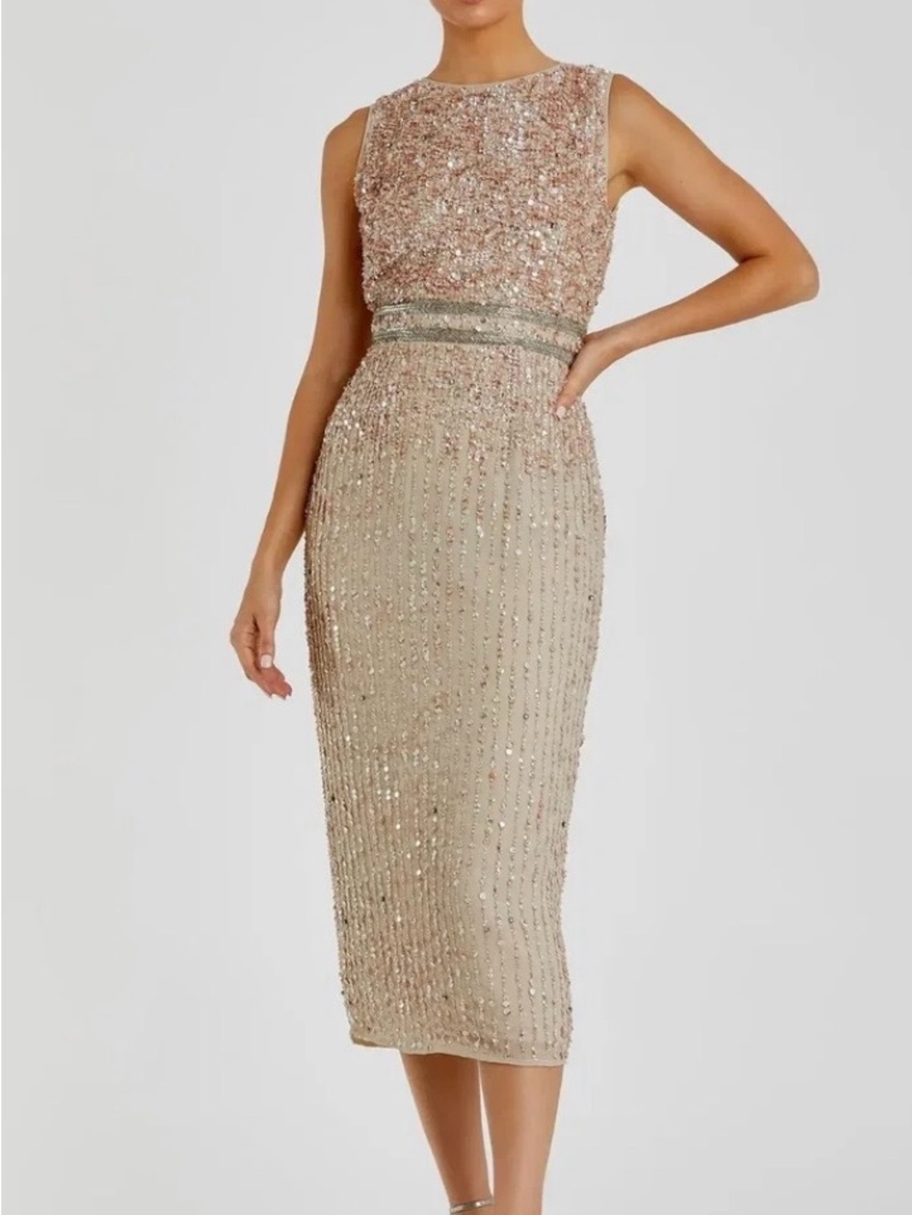 Mac Duggal Beaded Sheath Dress in Blush and Champagne